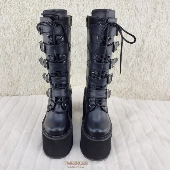 Swing 220 Multi Buckle Black Matte Leatherette Goth Mid-Calf Boot 5.5" Platforms - Picture 6 of 13